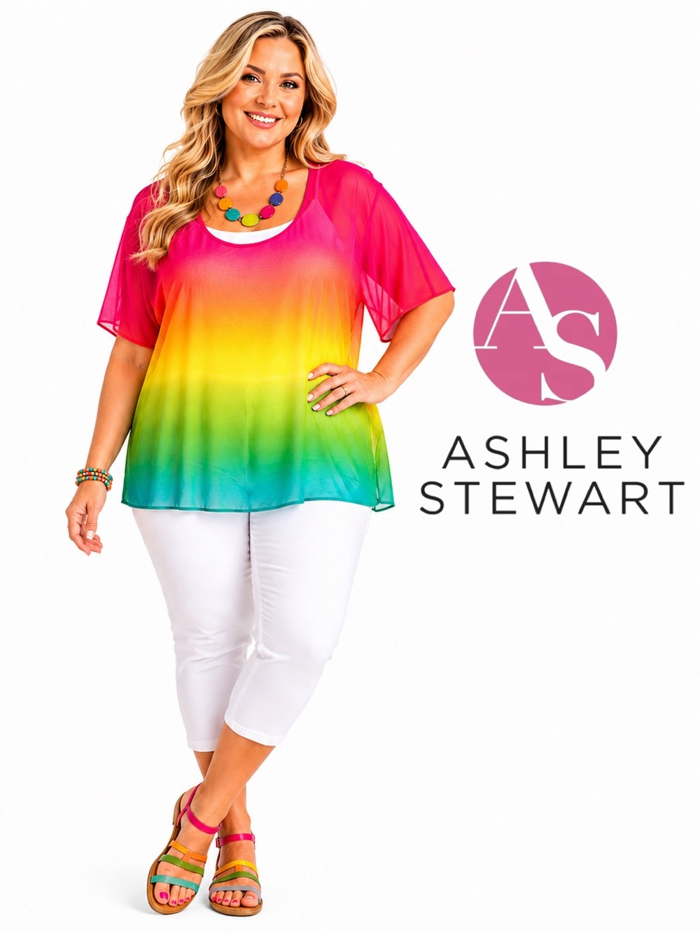 ASHLEY STEWART Rainbow Ombré Sheer Stretch Top, Size 22/24 - MSRP $34.50